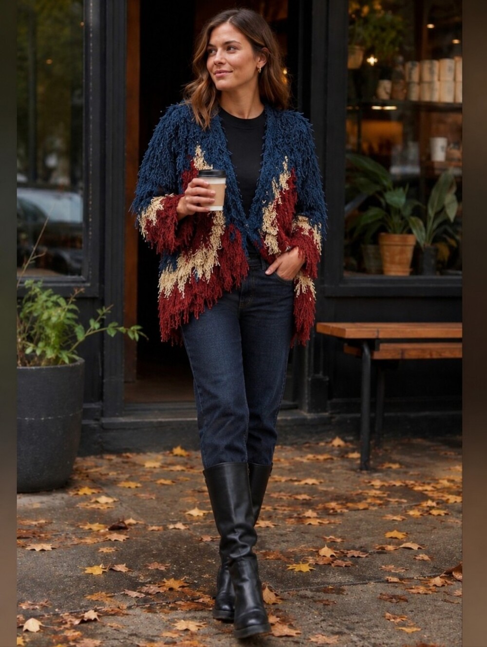 Rat and Boa • Shaggy Fringe Crochet Cardigan Jacket Blue Red Cream Boho